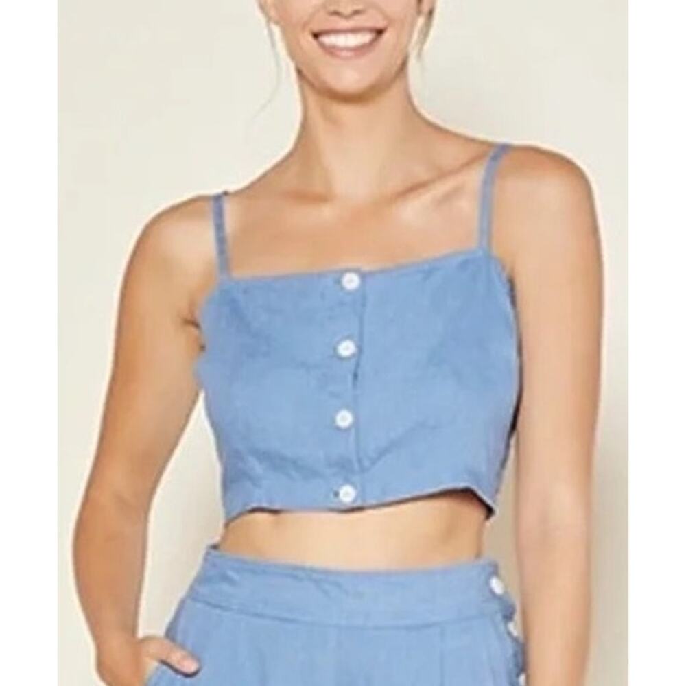 OUTERKNOWN Coastal Linen Button Up Crop Tank Top Small Ventura Blue Boho Beachy